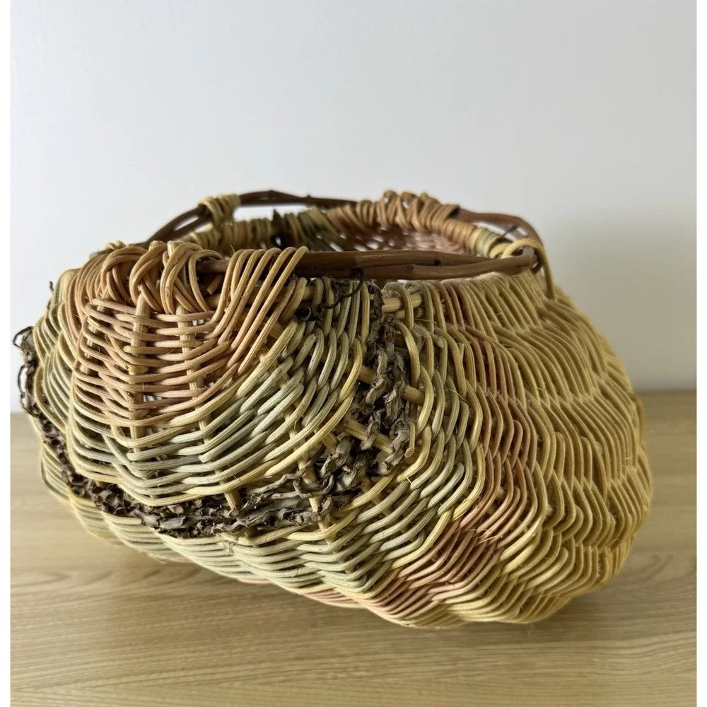 Hand Woven Rattan Wicker Seashell Basket Sculptural Boho Coastal Decor 12